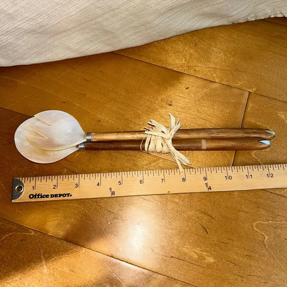 Salad Server Fork Spoon Tongs Natural Iridescent Capiz Mother of Pearl Seashell